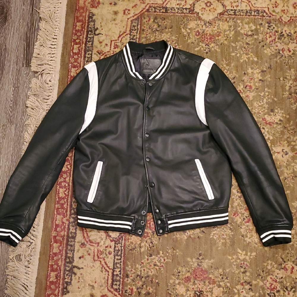 Goosecraft Black and White Sheepskin Leather Varsity Jacket